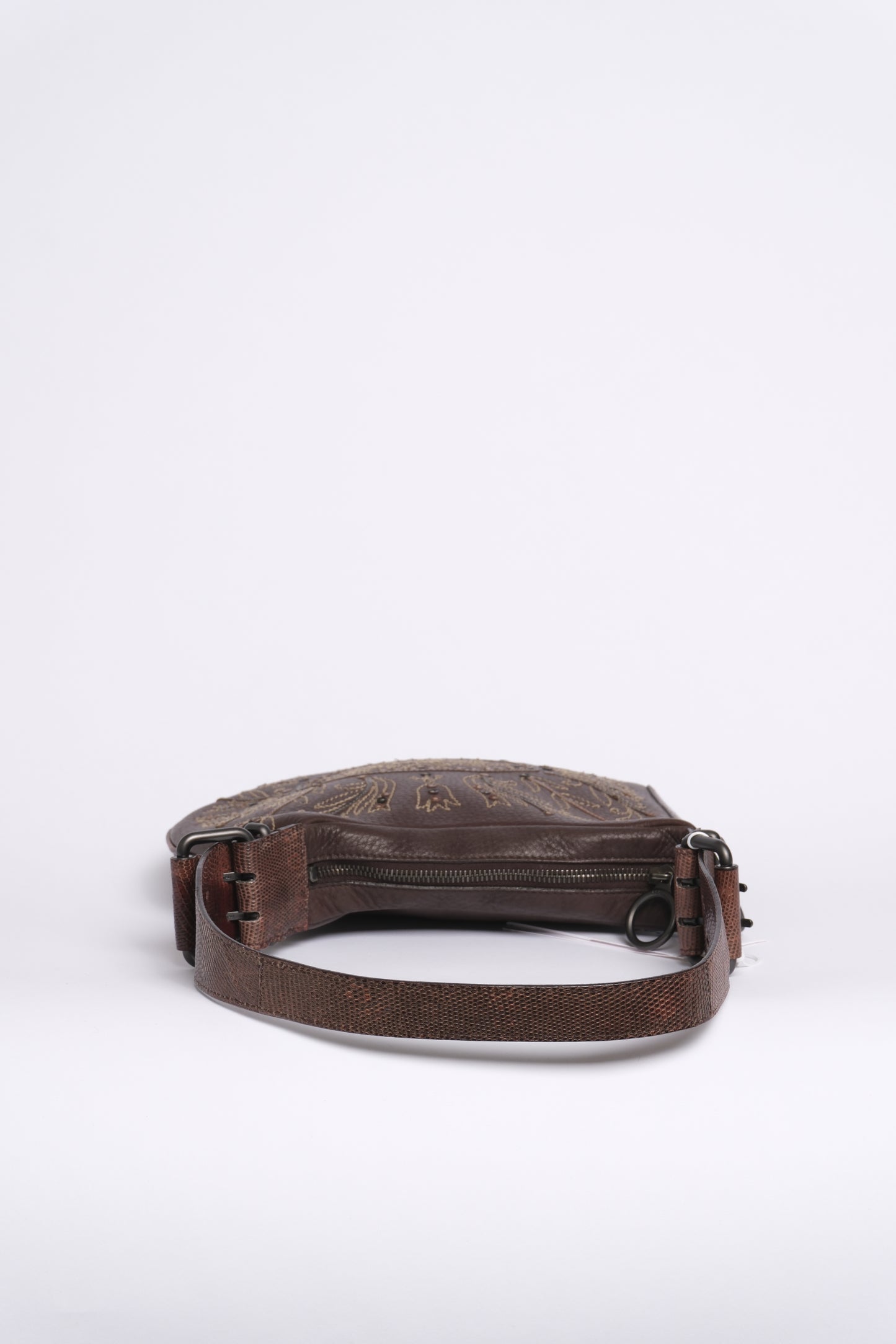 Fendi Brown Leather Embroidered Oyster Shoulder Bag