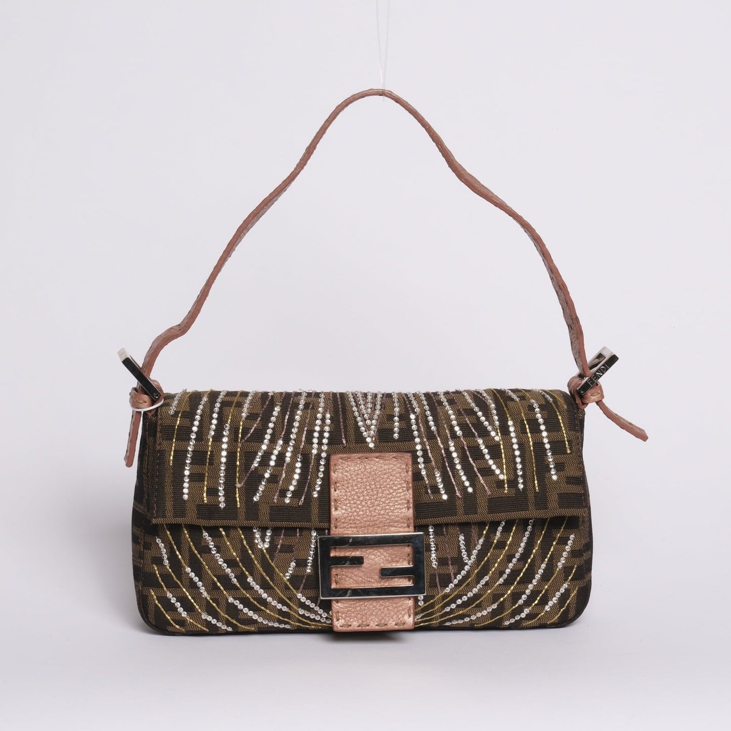 RARE Fendi Brown Zucca Canvas Beaded Baguette