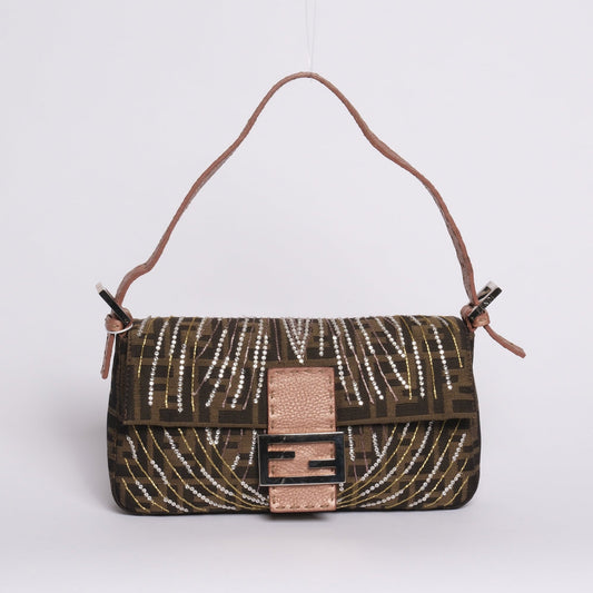 RARE Fendi Brown Zucca Canvas Beaded Baguette