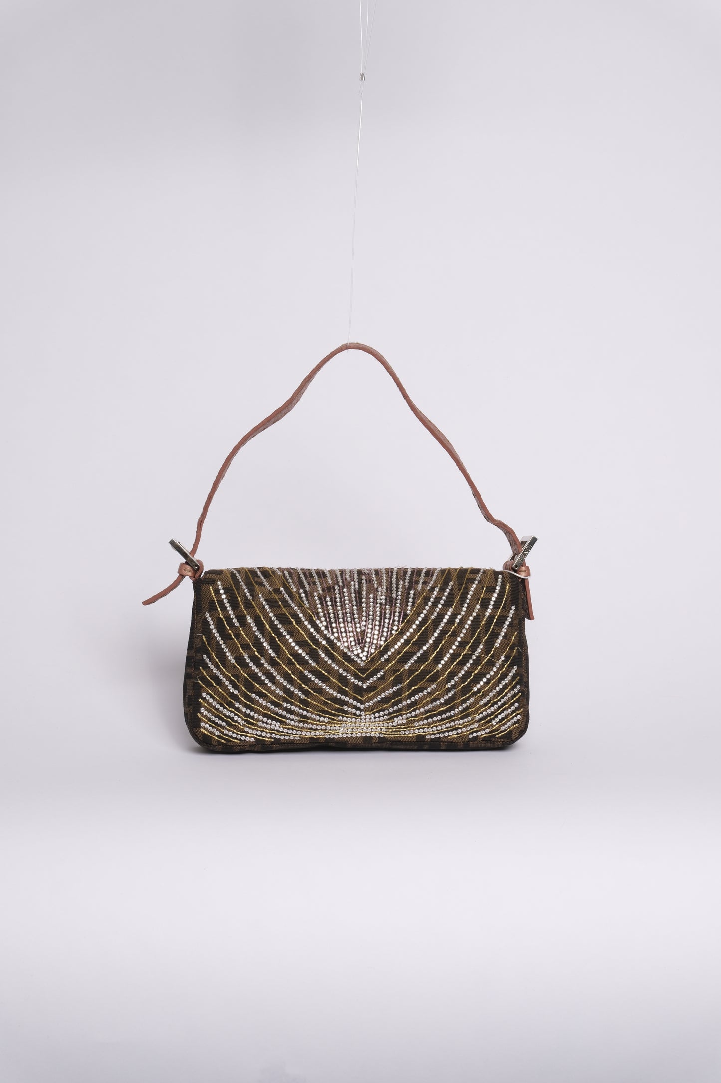 RARE Fendi Brown Zucca Canvas Beaded Baguette