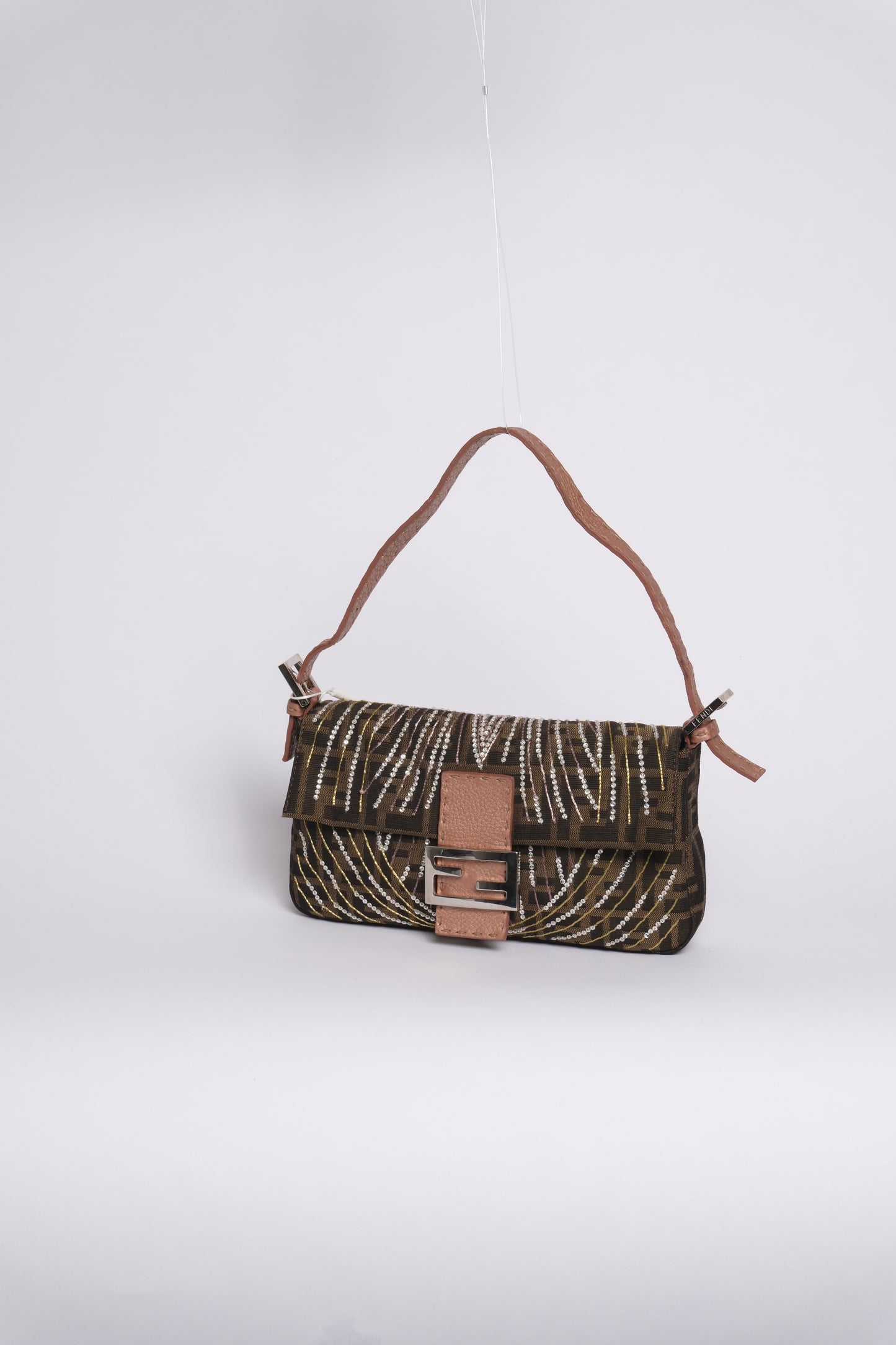RARE Fendi Brown Zucca Canvas Beaded Baguette