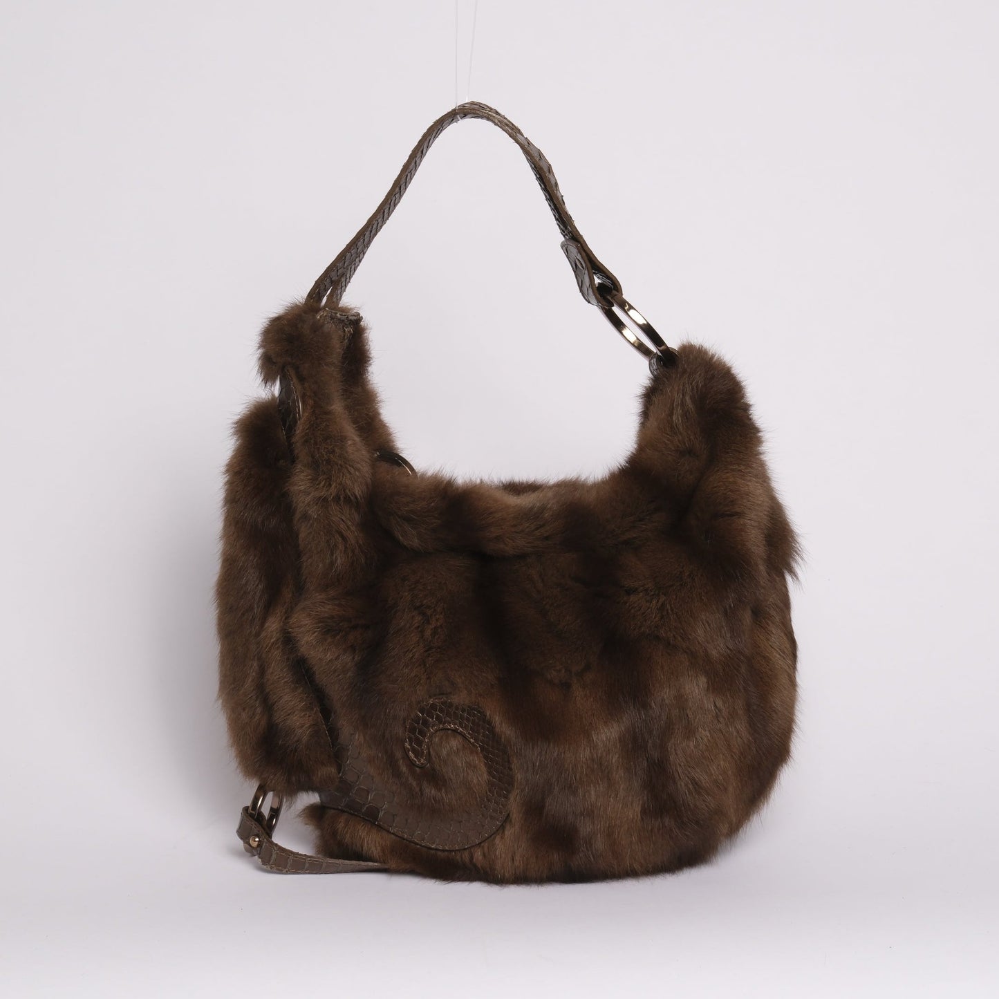 Fendi Brown Fur & Snakeskin Leather Oyster Bag