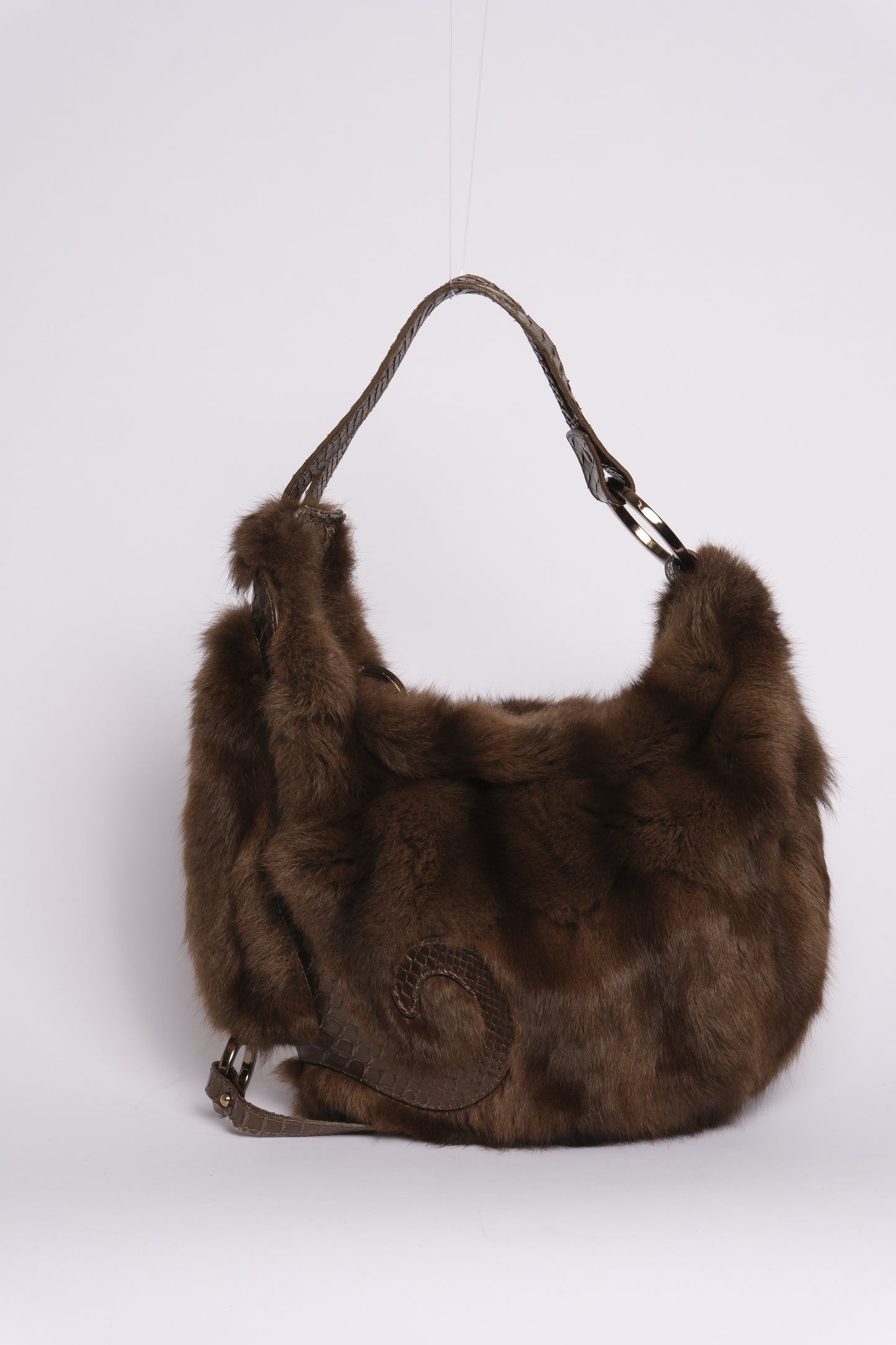 Fendi Brown Fur & Snakeskin Leather Oyster Bag