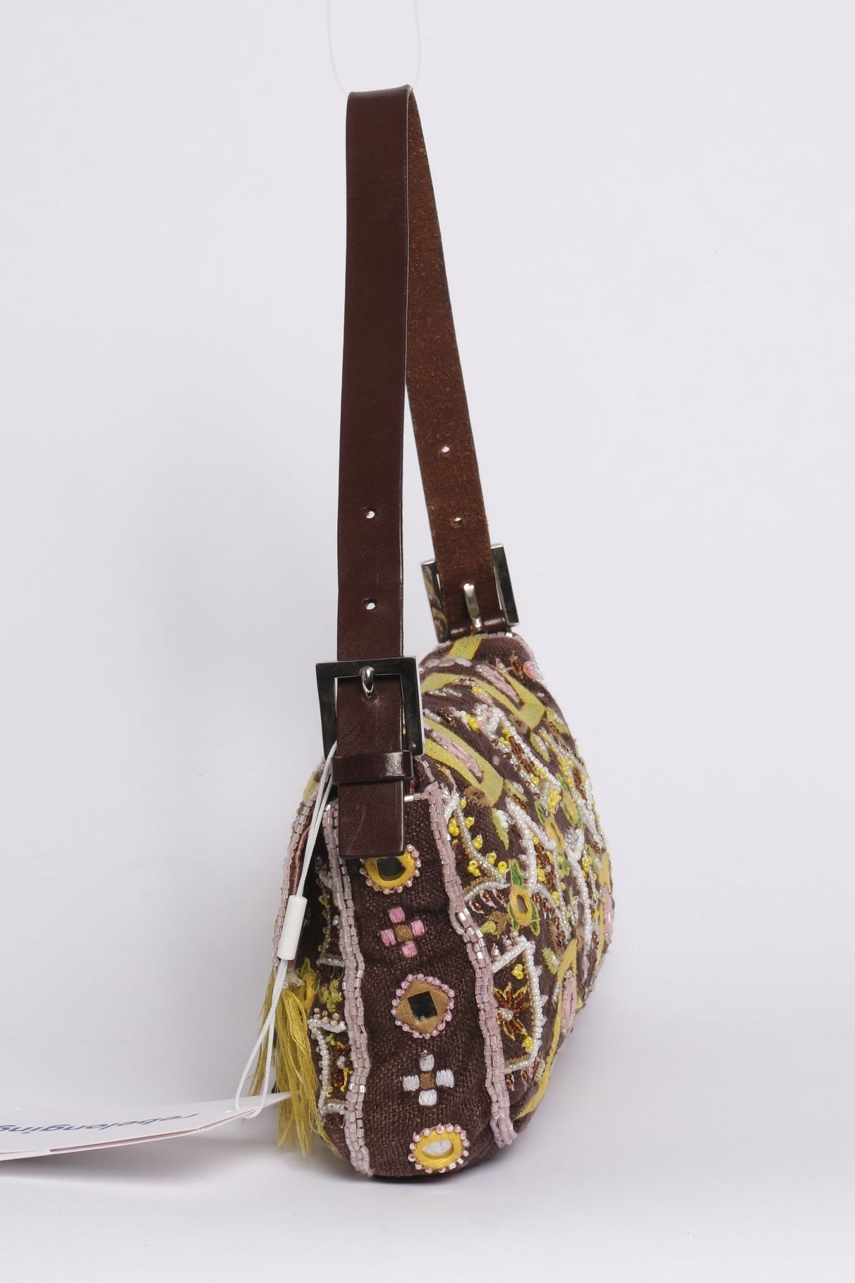 Fendi Brown Canvas Embroidered Floral Beaded Fringe Baguette Shoulder Bag