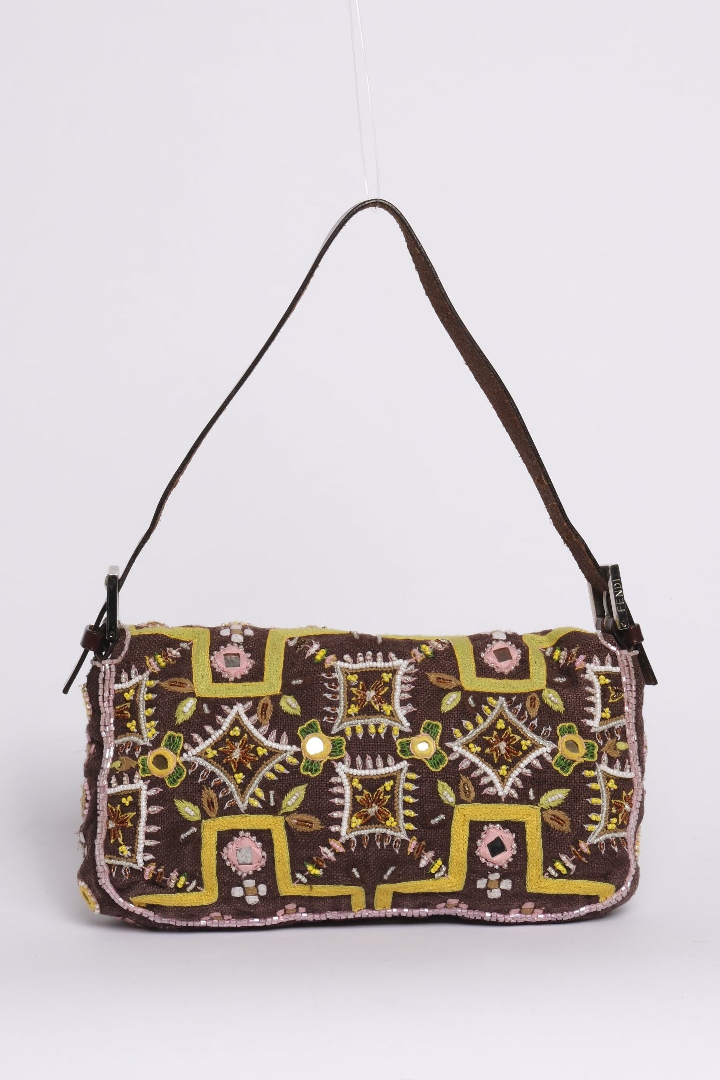 Fendi Brown Canvas Embroidered Floral Beaded Fringe Baguette Shoulder Bag