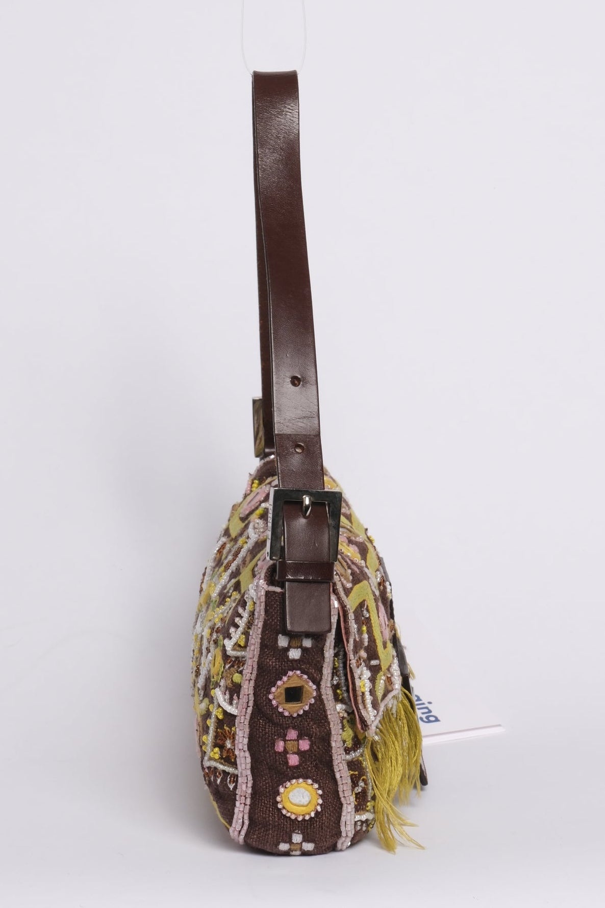 Fendi Brown Canvas Embroidered Floral Beaded Fringe Baguette Shoulder Bag