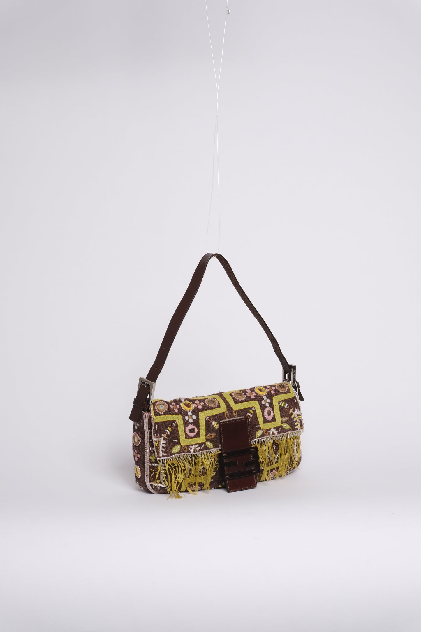 Fendi Brown Canvas Embroidered Floral Beaded Fringe Baguette Shoulder Bag