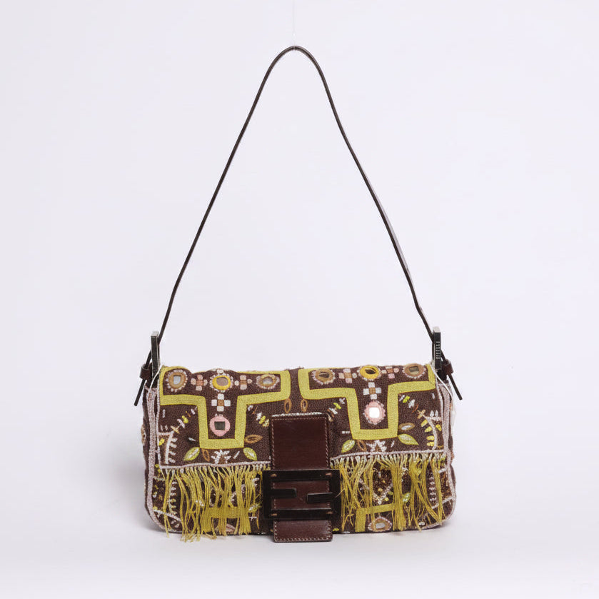 Fendi Brown Canvas Embroidered Floral Beaded Fringe Baguette Shoulder Bag
