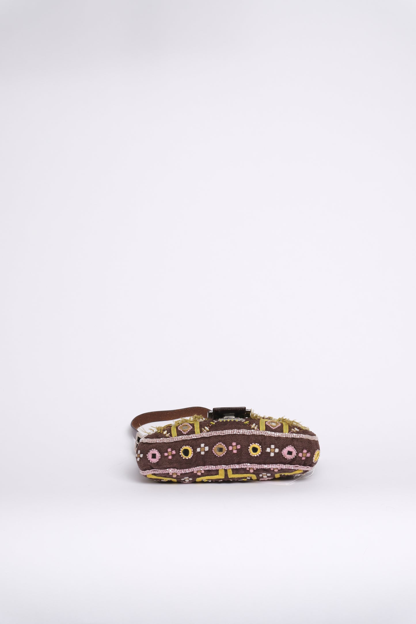Fendi Brown Canvas Embroidered Floral Beaded Fringe Baguette Shoulder Bag