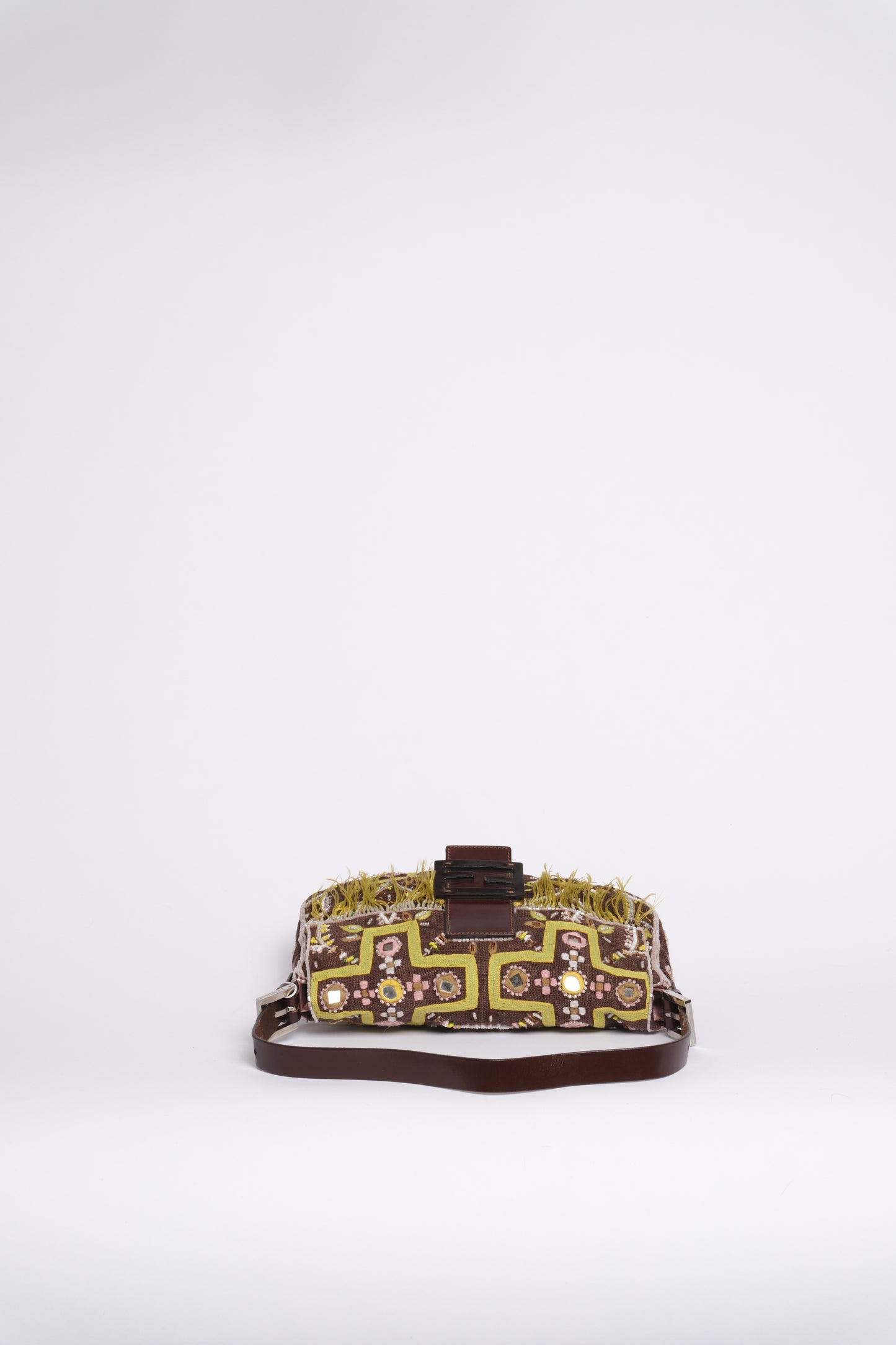 Fendi Brown Canvas Embroidered Floral Beaded Fringe Baguette Shoulder Bag