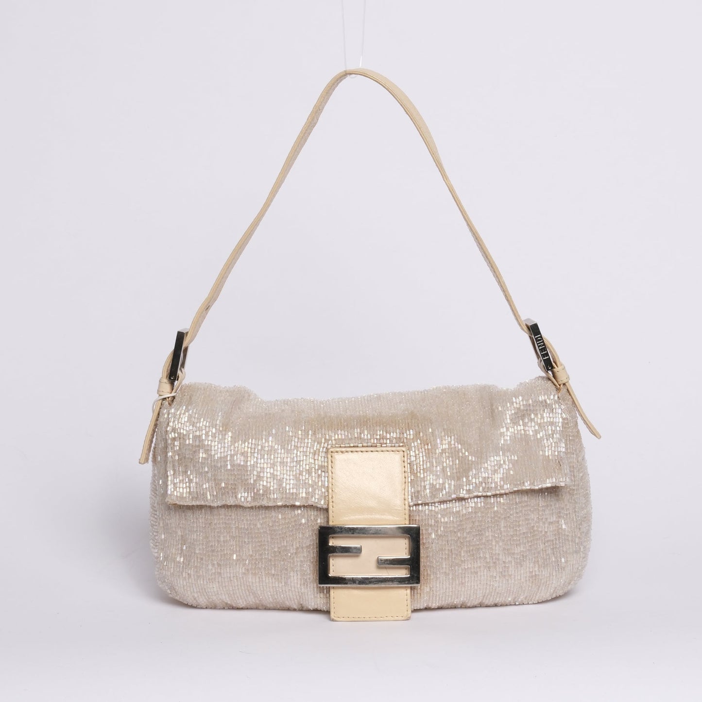 Fendi Beige Beaded & Leather Baguette Shoulder Bag