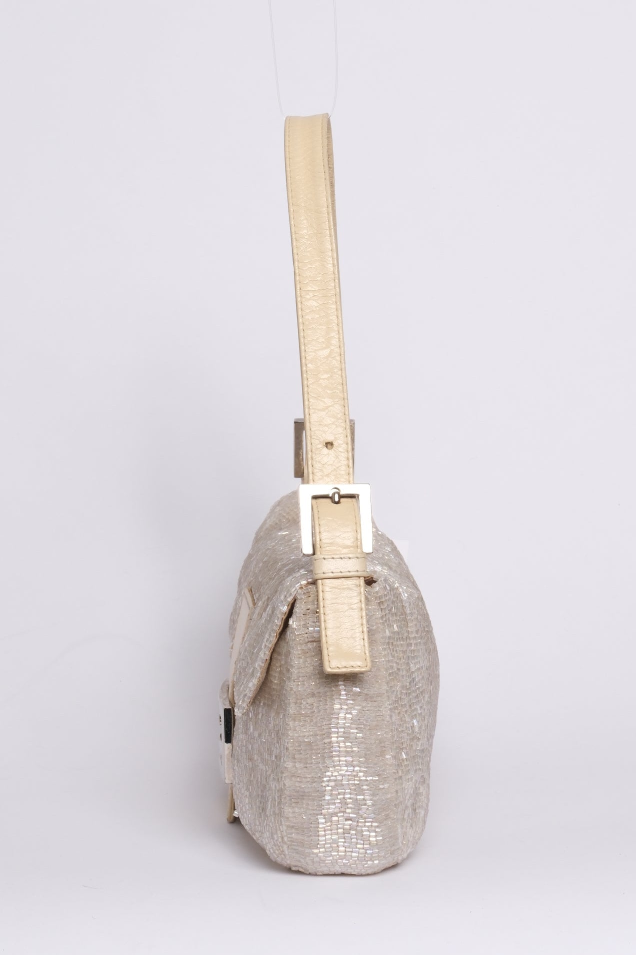 Fendi Beige Beaded & Leather Baguette Shoulder Bag