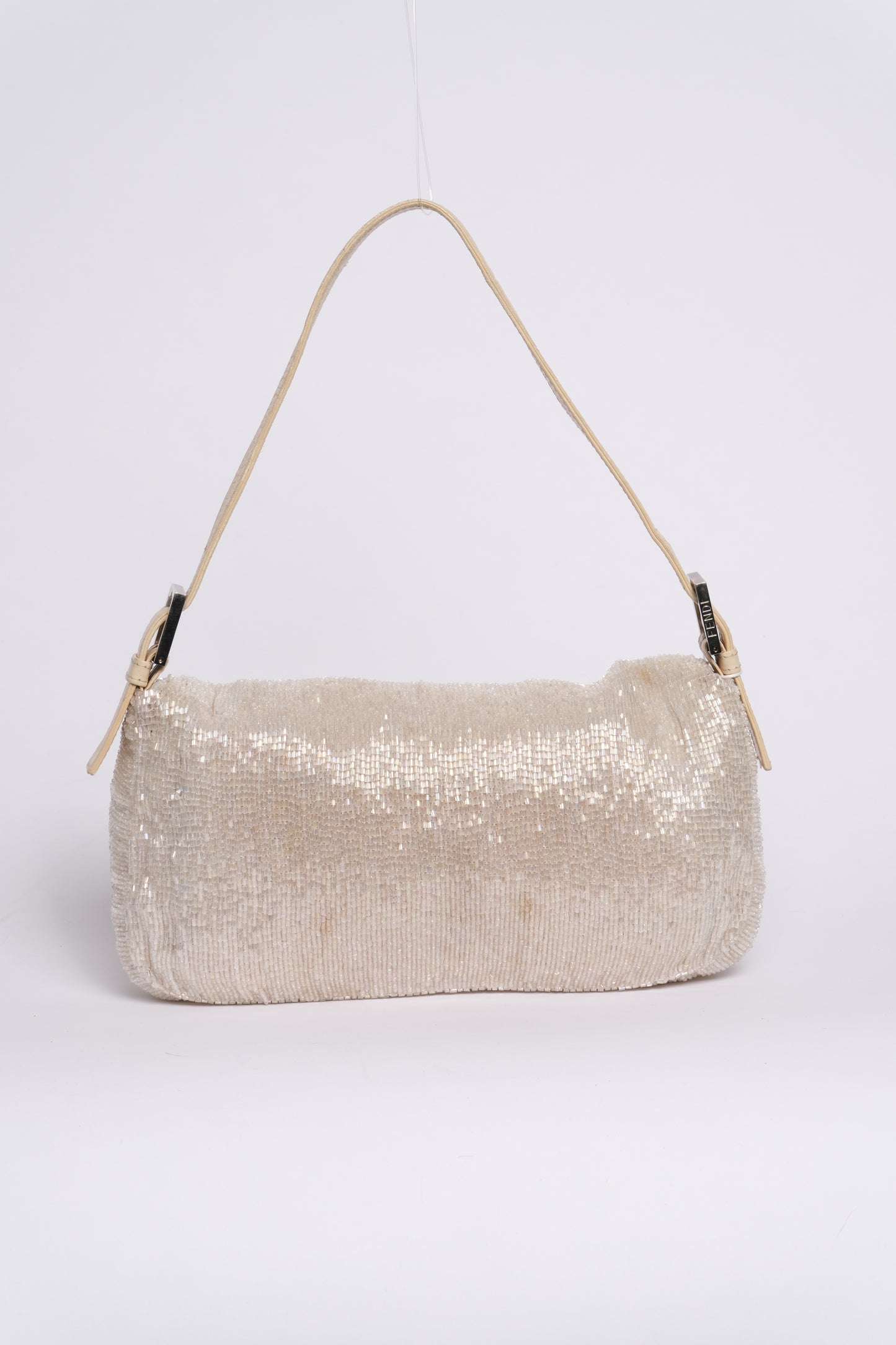 Fendi Beige Beaded & Leather Baguette Shoulder Bag