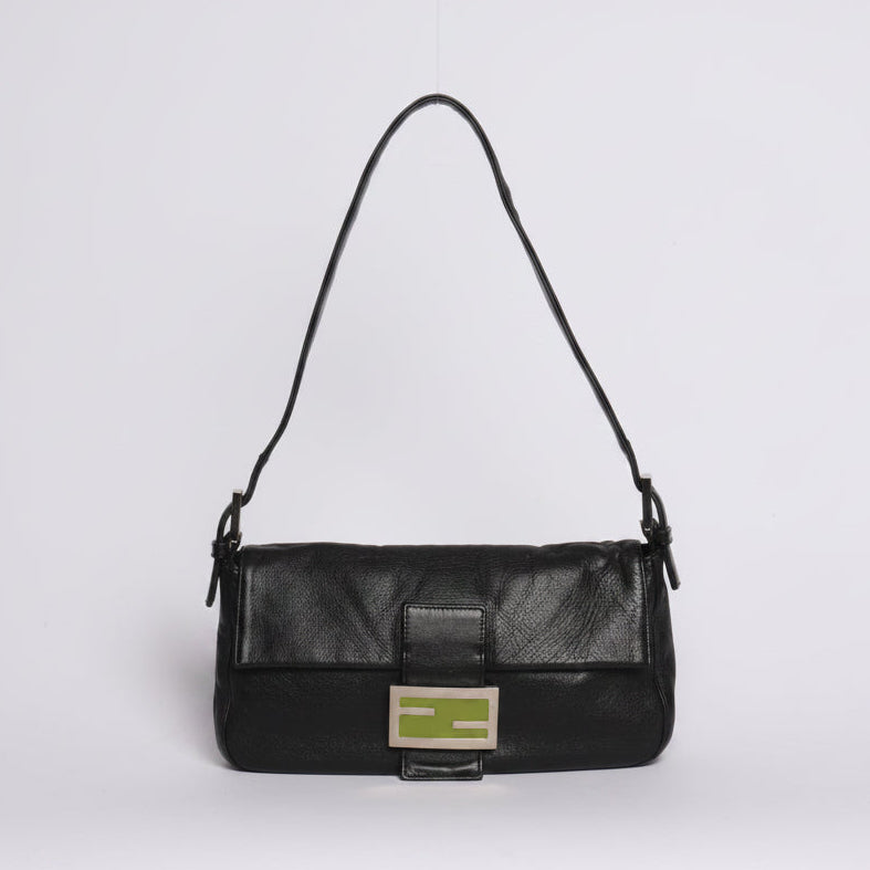 Fendi Black & Green Leather Baguette Shoulder Bag SHW