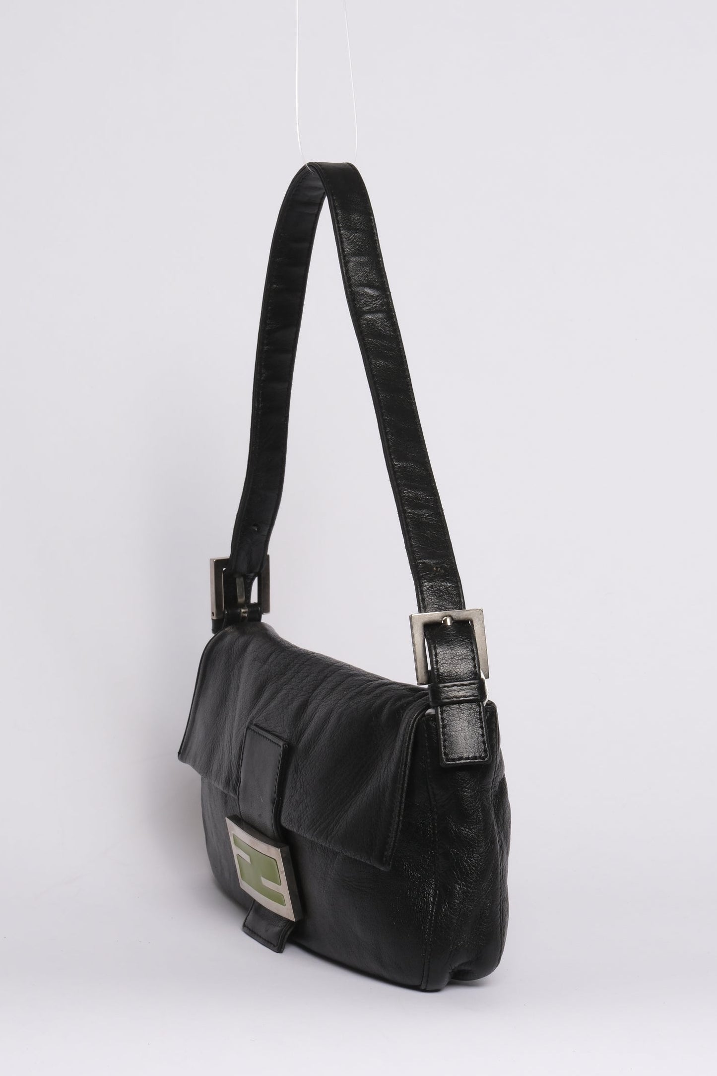 Fendi Black & Green Leather Baguette Shoulder Bag SHW