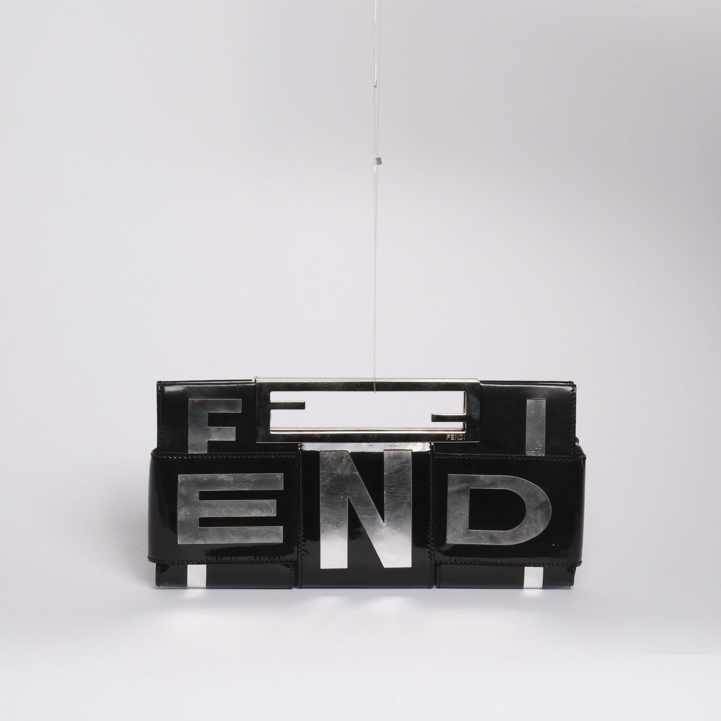 Fendi Black Patent Leather Crossword Top Handle Clutch
