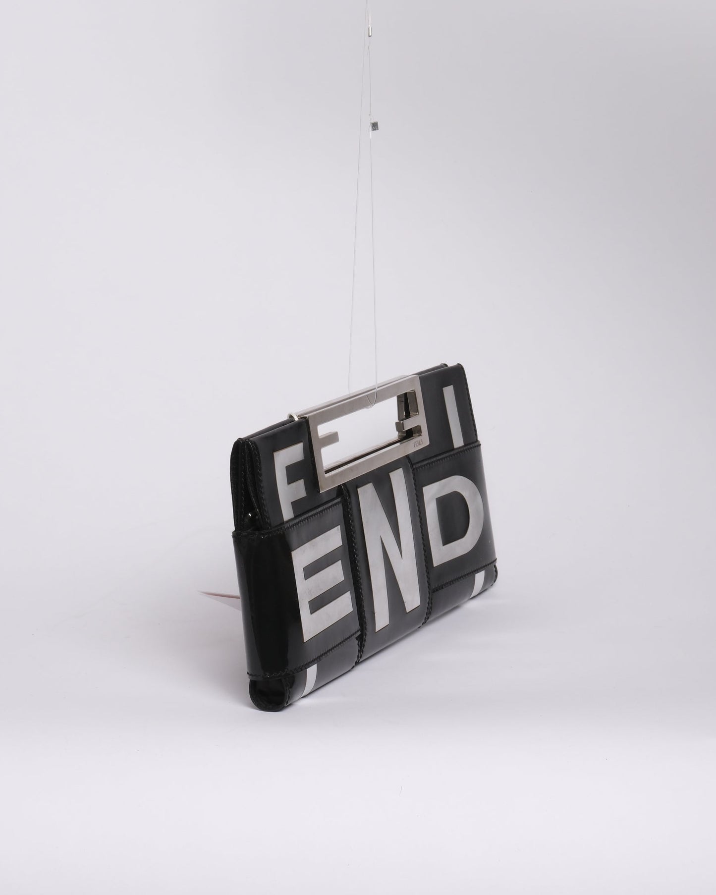 Fendi Black Patent Leather Crossword Top Handle Clutch