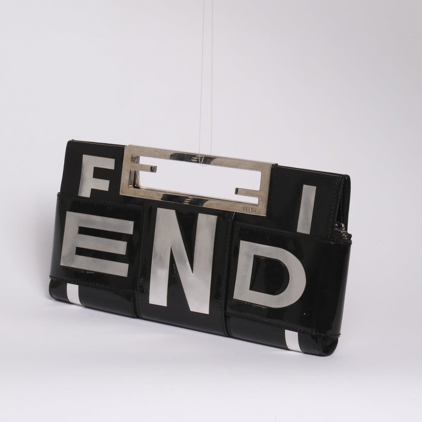 Fendi Black Patent Leather Crossword Top Handle Clutch