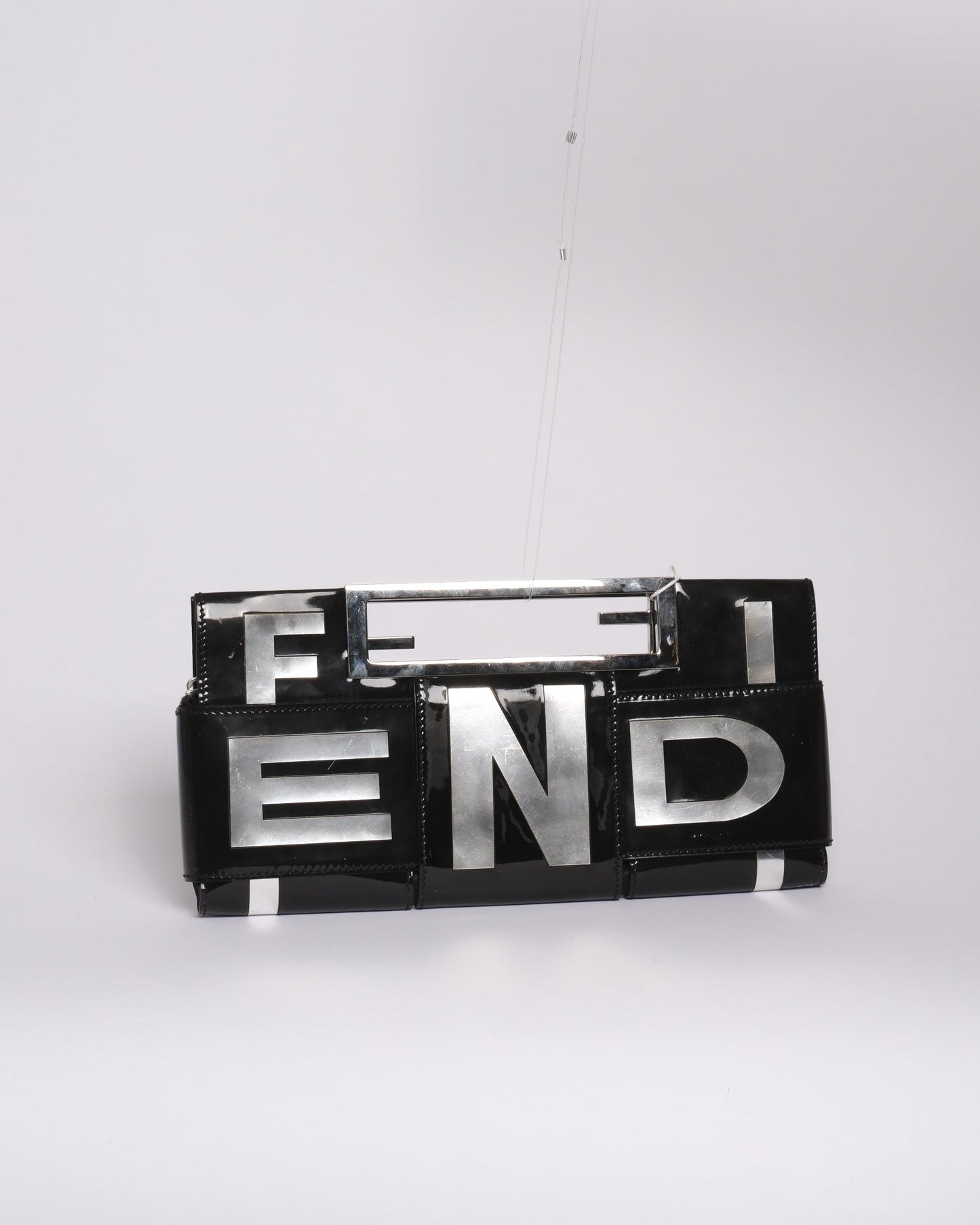 Fendi Black Patent Leather Crossword Top Handle Clutch