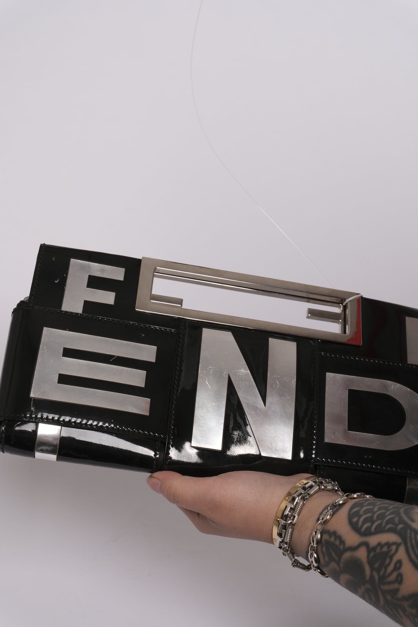 Fendi Black Patent Leather Crossword Top Handle Clutch