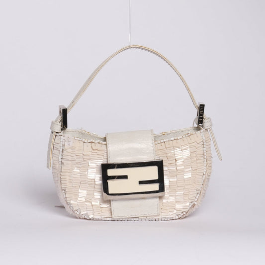 Fendi White Sequin & Leather Mini Croissant Top Handle Bag