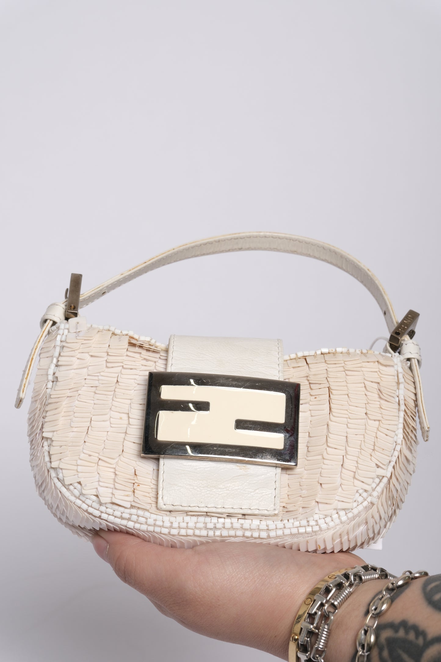 Fendi White Sequin & Leather Mini Croissant Top Handle Bag