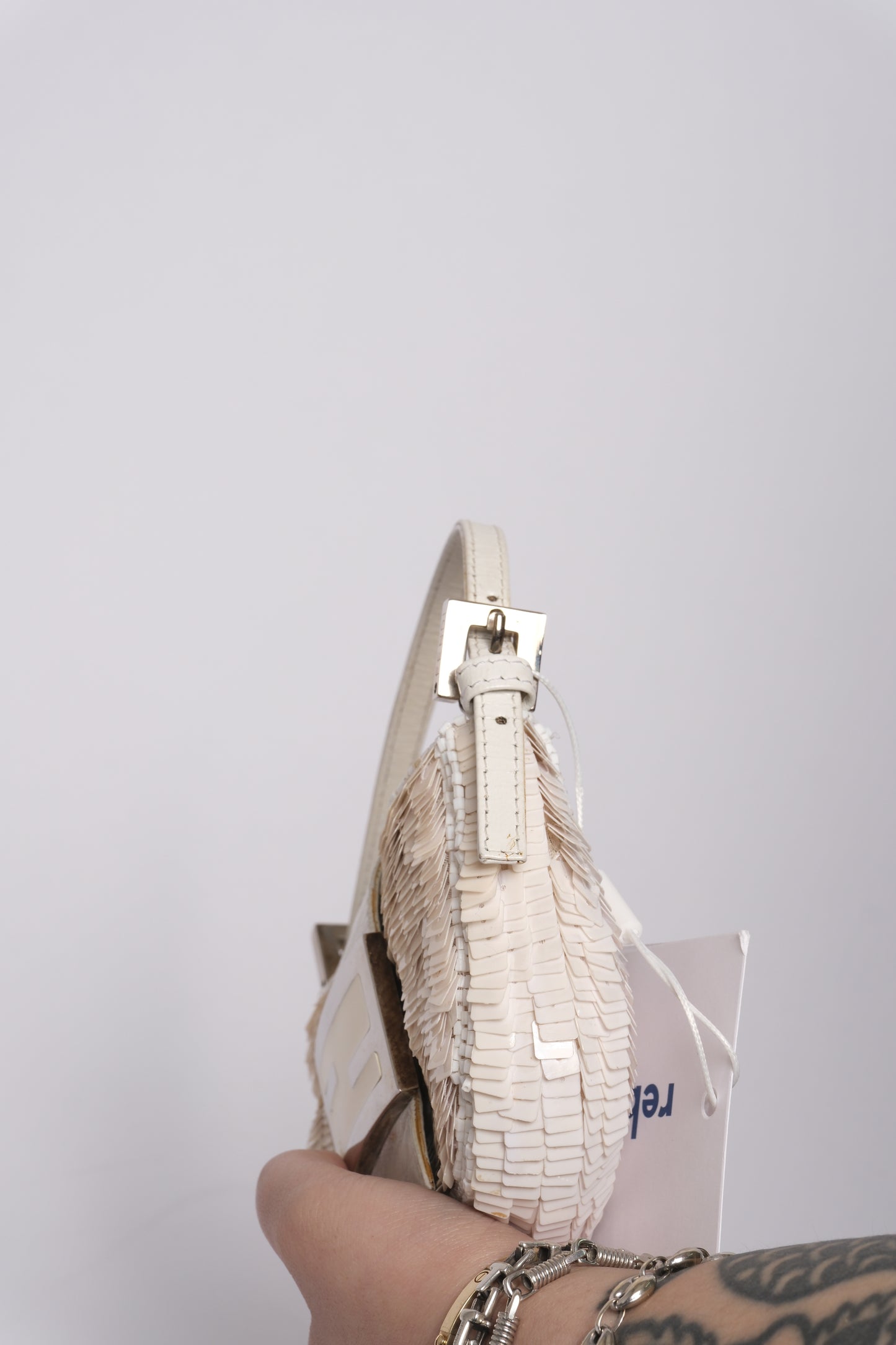 Fendi White Sequin & Leather Mini Croissant Top Handle Bag