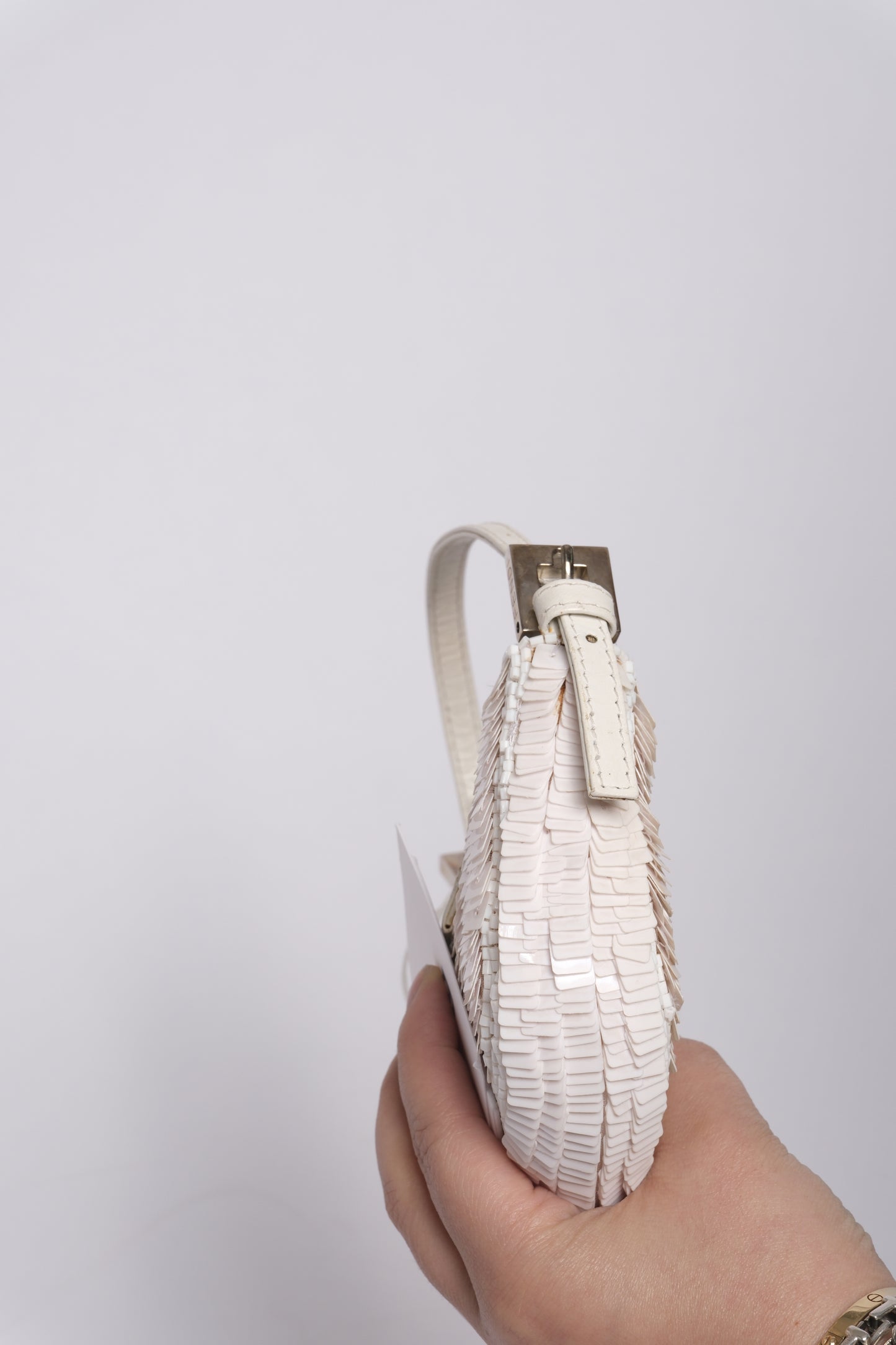 Fendi White Sequin & Leather Mini Croissant Top Handle Bag