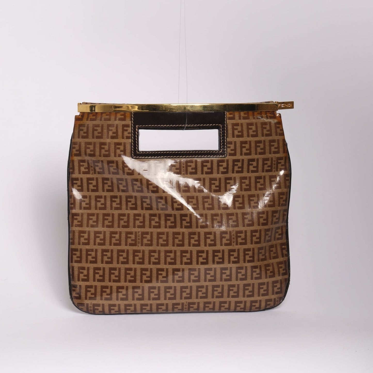 Fendi Brown Patent Leather Zucchino Monogram Gold Trim Top Handle Flat Bag