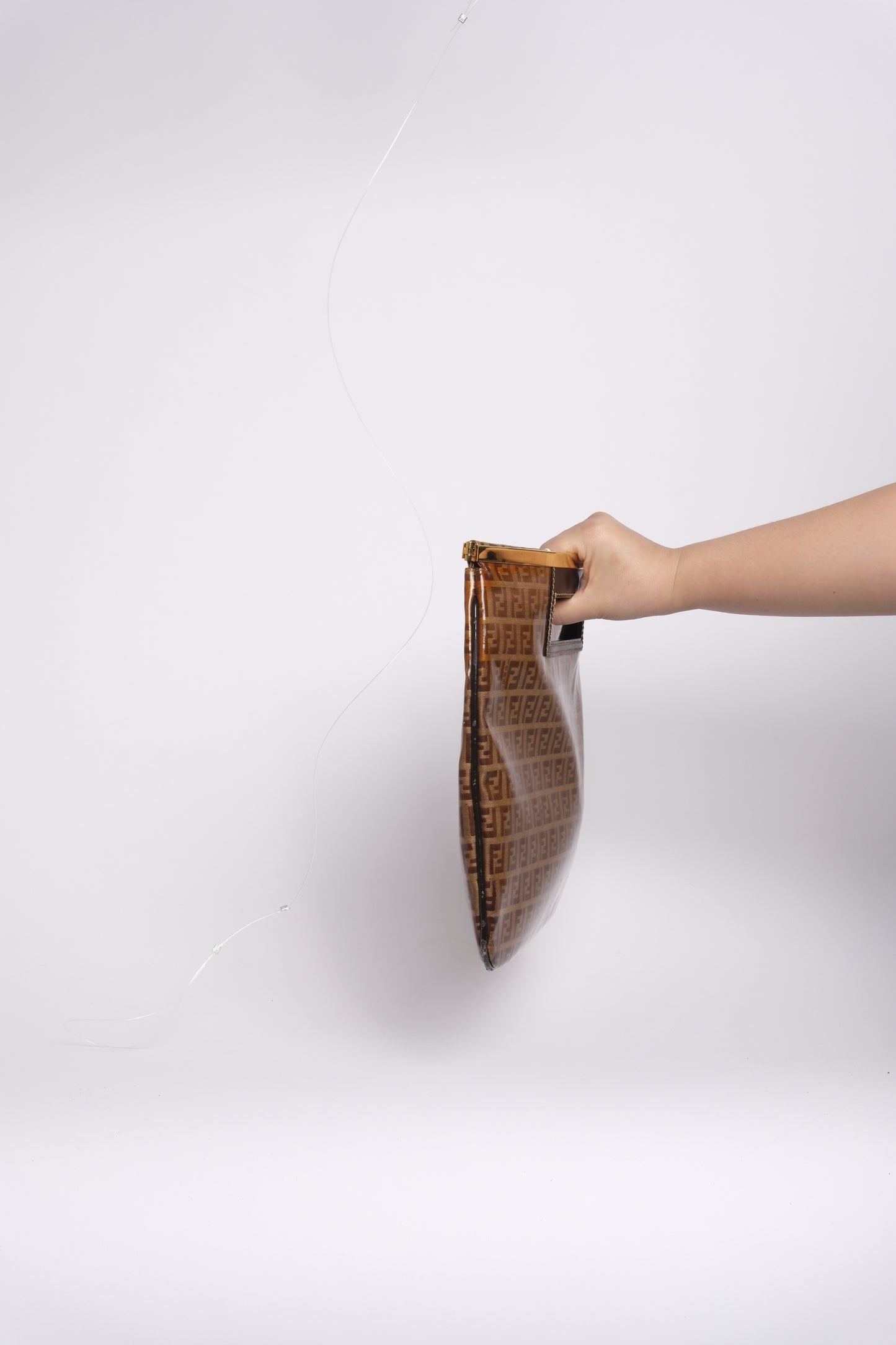 Fendi Brown Patent Leather Zucchino Monogram Gold Trim Top Handle Flat Bag