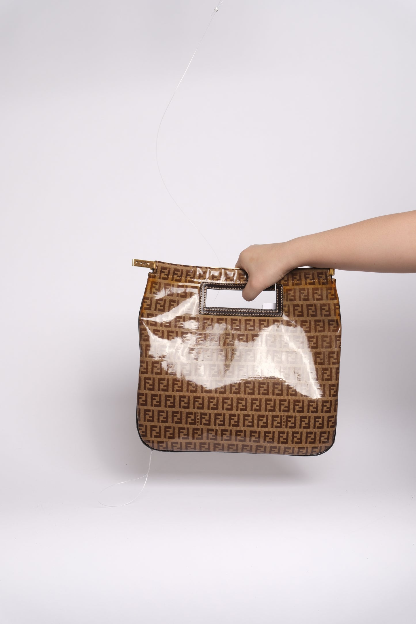Fendi Brown Patent Leather Zucchino Monogram Gold Trim Top Handle Flat Bag