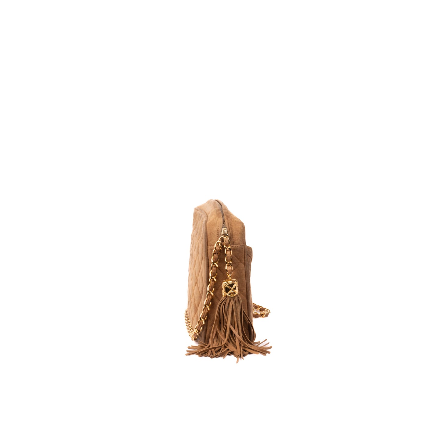 Chanel Brown Suede Quilted Fringe Camera Shoulder Bag