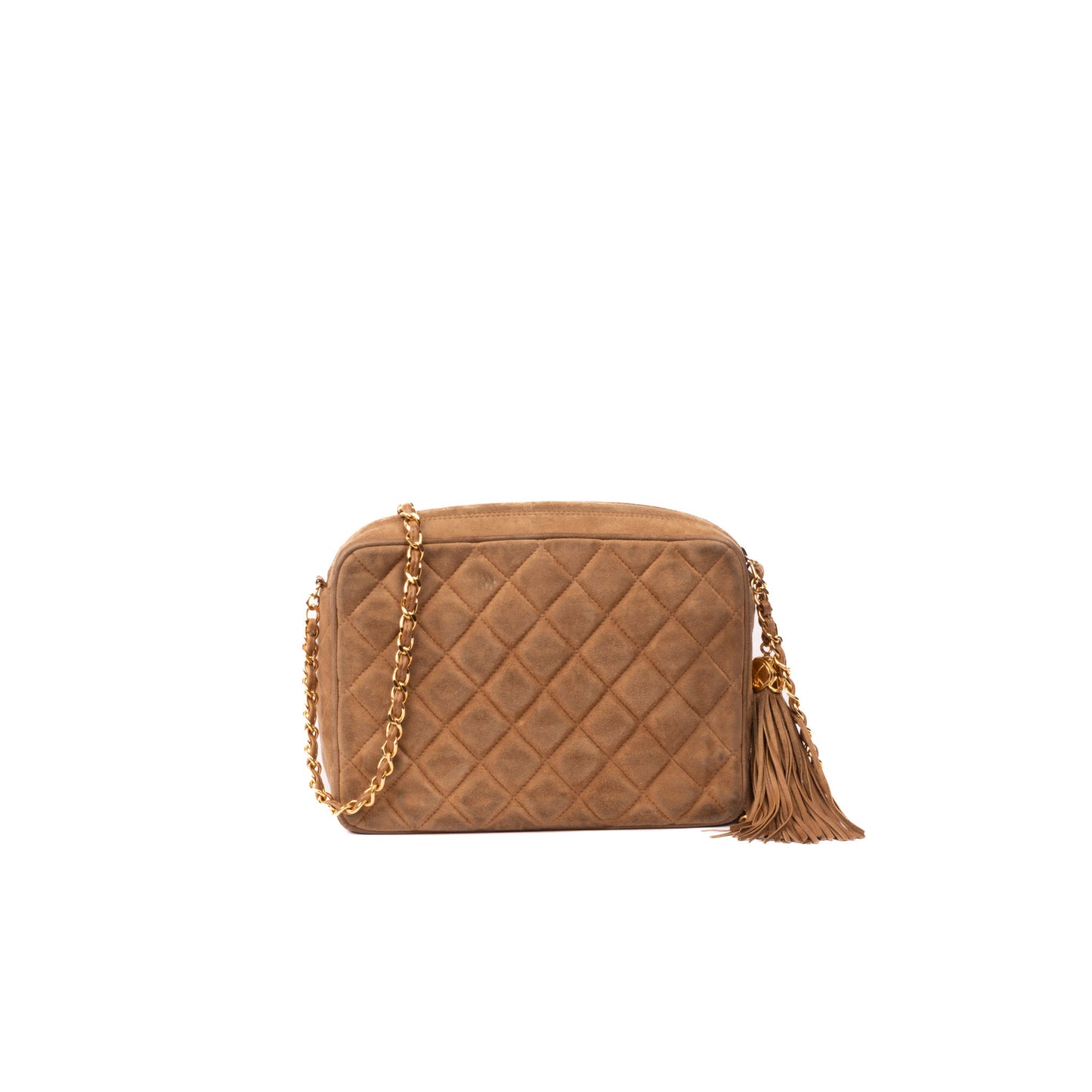 Chanel Brown Suede Quilted Fringe Camera Shoulder Bag