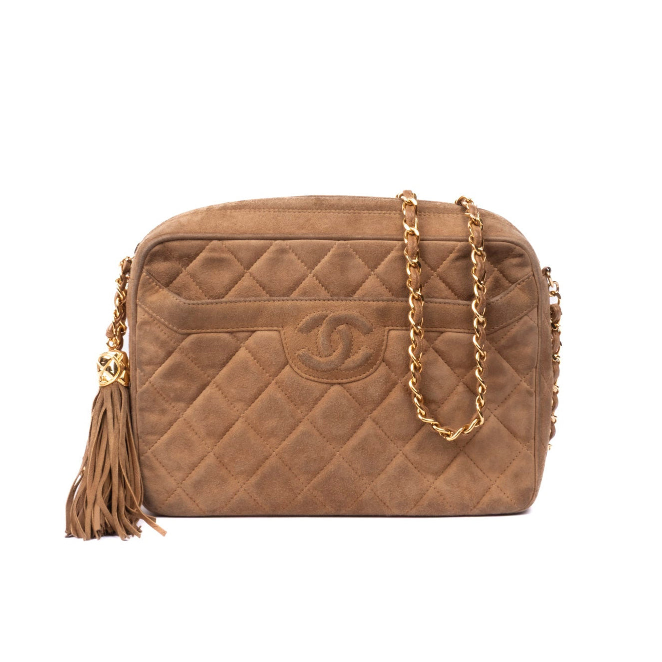 Chanel Brown Suede Quilted Fringe Camera Shoulder Bag