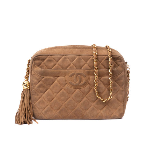 Chanel Brown Suede Quilted Fringe Camera Shoulder Bag