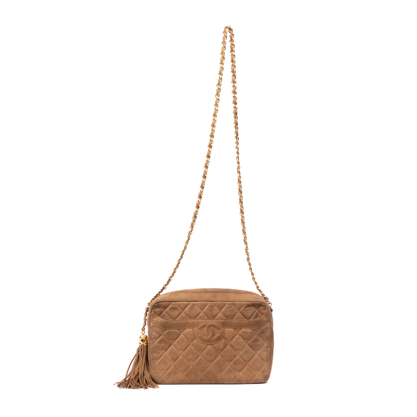 Chanel Brown Suede Quilted Fringe Camera Shoulder Bag