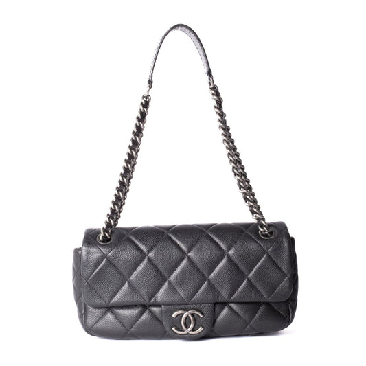 Chanel Black Caviar Leather Quilted Casual Flap Shoulder Bag