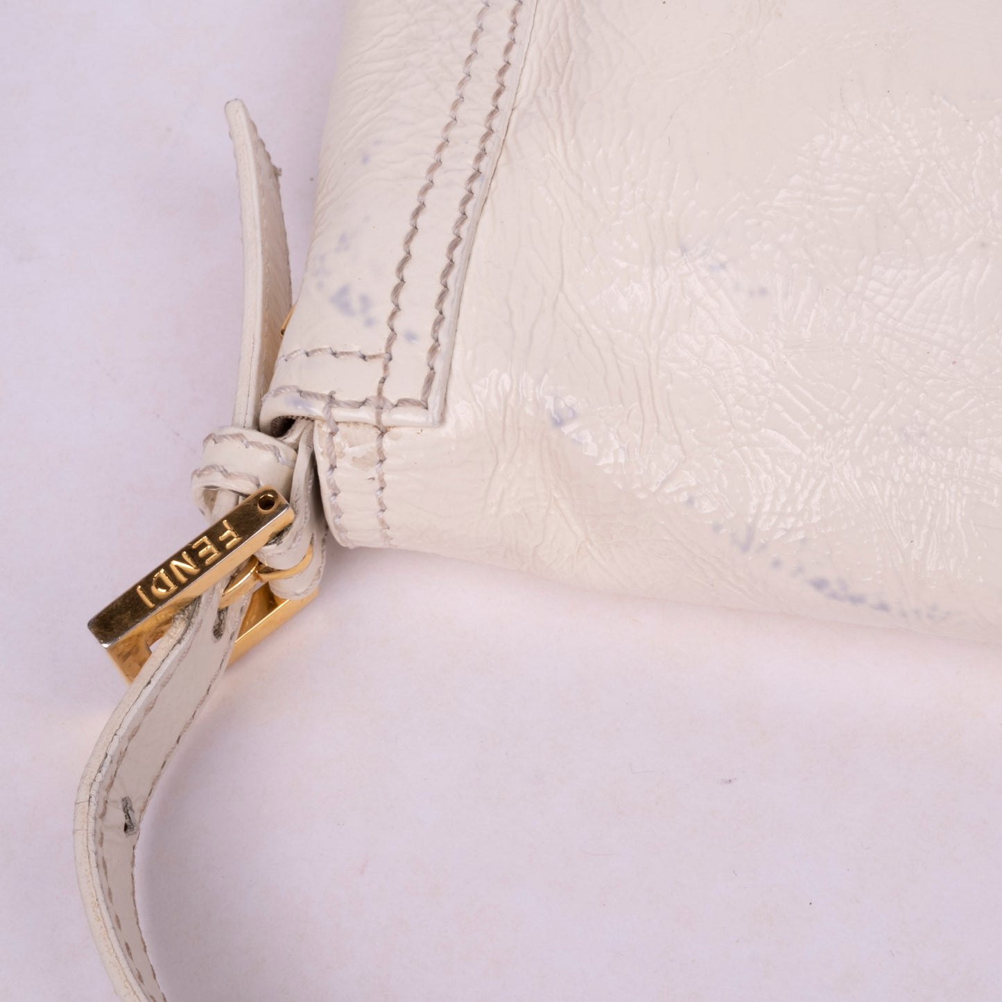 Fendi Cream Patent Leather Baguette Shoulder Bag w/ Crossbody Strap
