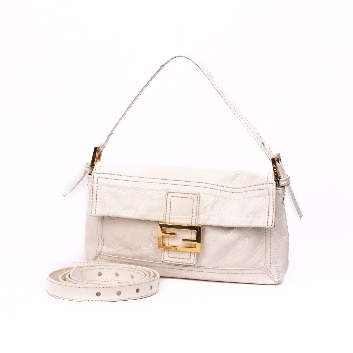 Fendi Cream Patent Leather Baguette Shoulder Bag w/ Crossbody Strap