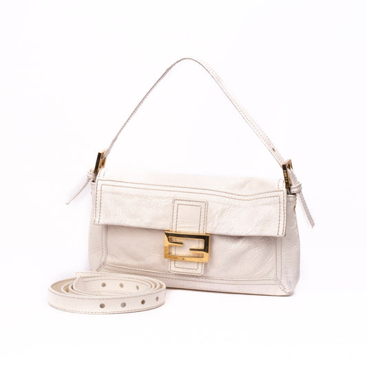 Fendi Cream Patent Leather Baguette Shoulder Bag w/ Crossbody Strap