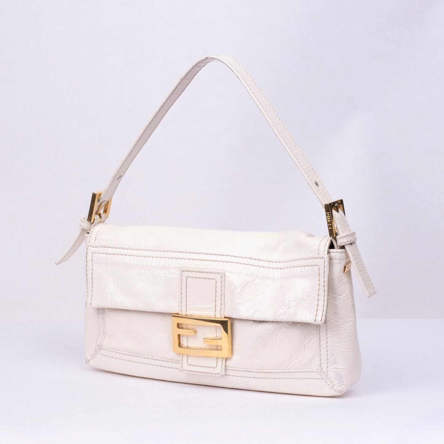 Fendi Cream Patent Leather Baguette Shoulder Bag w/ Crossbody Strap